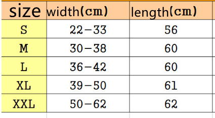 men’s compression tummy shaper mesh slimming vest size chart showing width and length measurements in centimeters for sizes s through xxl.