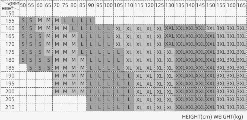 gray and white size chart for men’s compression tummy shaper mesh slimming vest displaying height in centimeters and weight in kilograms