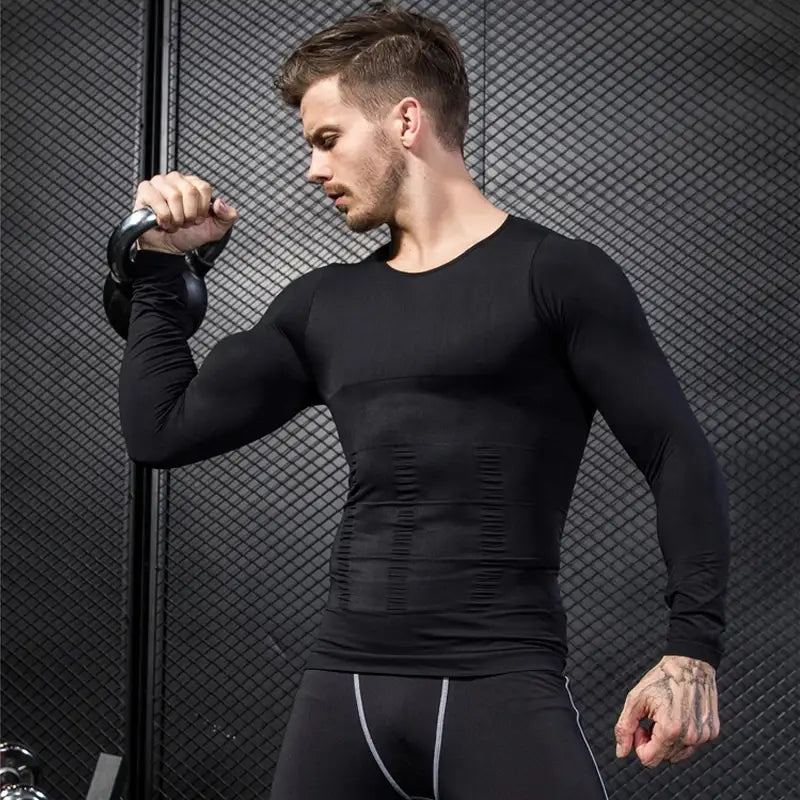 Men’s black long-sleeved compression tummy shaper mesh slimming vest with ribbed texture and subtle side stripes.