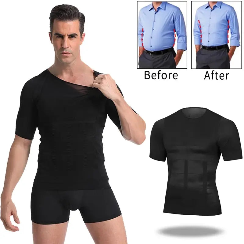 Black short-sleeved men’s compression tummy shaper mesh slimming vest with subtle horizontal paneling for body shaping.