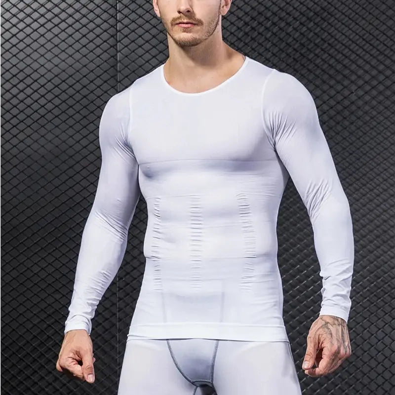 white long-sleeved men’s compression tummy shaper mesh slimming vest with ribbed detailing along the torso