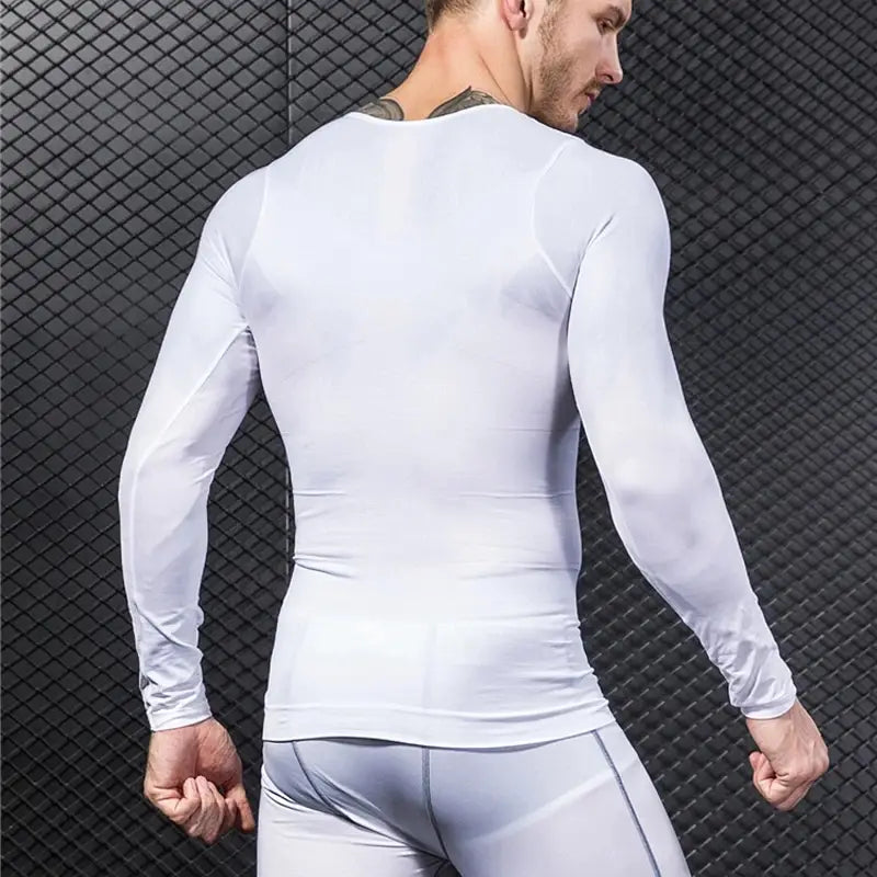 men’s white long-sleeved compression tummy shaper mesh slimming vest with a snug, form-fitting design made of breathable material