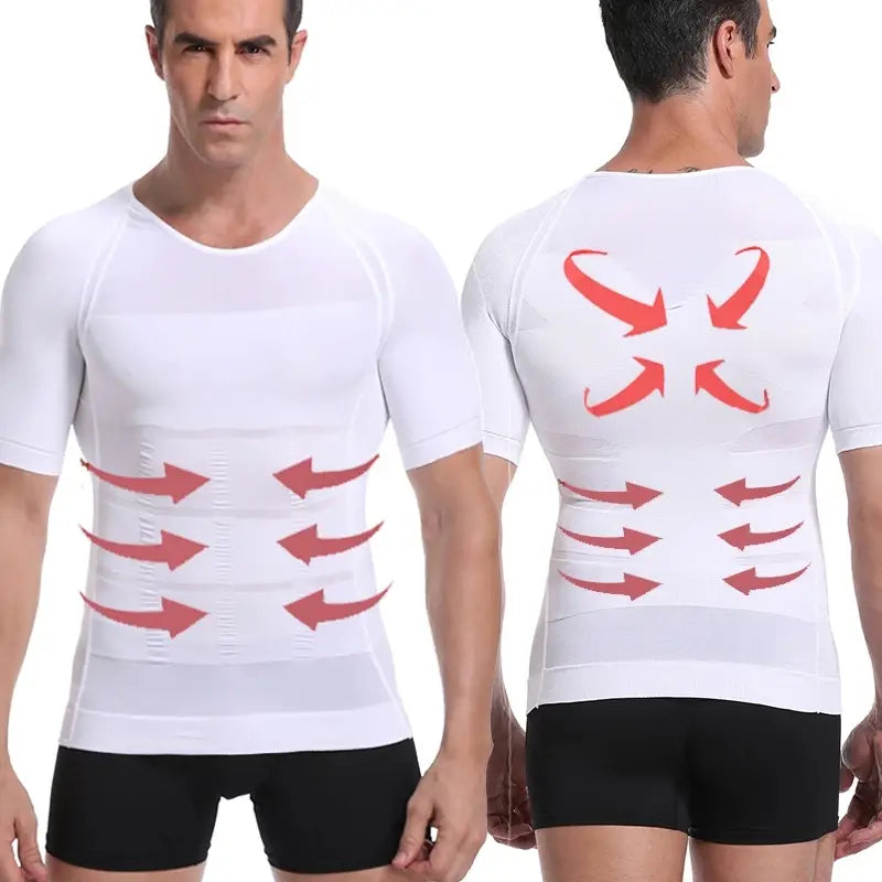 men’s white compression tummy shaper mesh slimming vest with red directional arrows printed on the front and back.