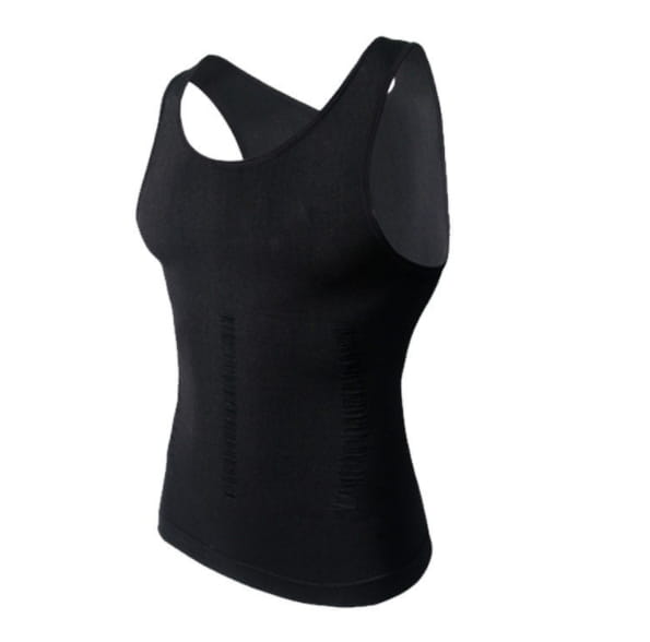 men’s compression tummy shaper mesh slimming vest in black featuring a sleeveless design with ribbed texture and cross-back detail shown from the back side