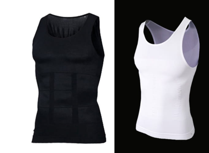 men’s compression tummy shaper mesh slimming vests in black and white with ribbed detailing and mesh panels shown from the back side.