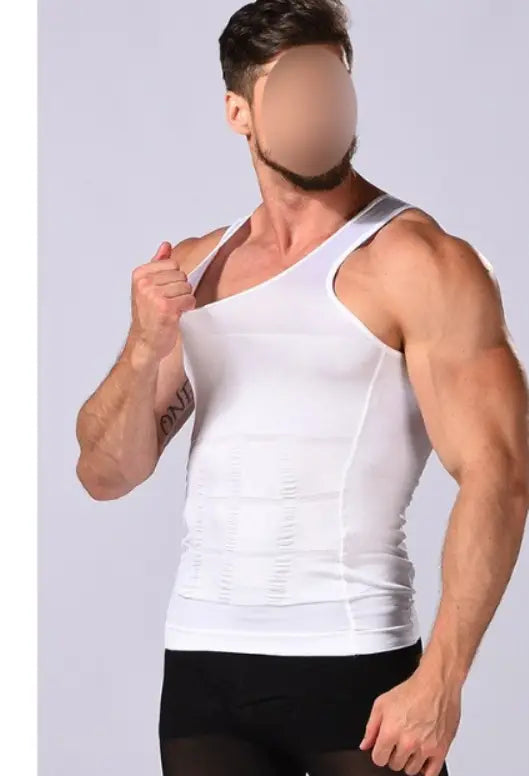 Men’s white compression tummy shaper mesh slimming vest with subtle vertical seam detailing and a slim fit design.