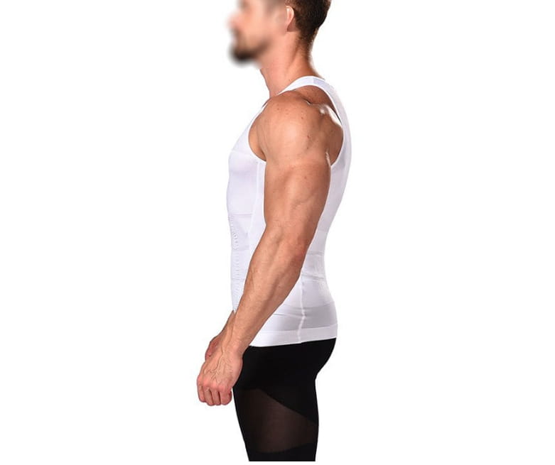 White sleeveless men’s compression tummy shaper mesh slimming vest with a fitted form-fitting design.