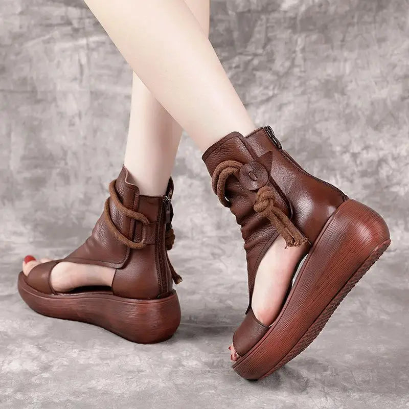 brown leather platform wedge sandals with thick sole and decorative braided cord detailing peep toe design