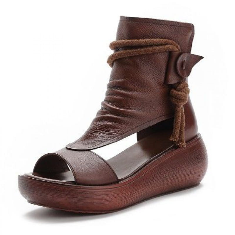 Brown leather ankle bootie with a wedge heel and woven rope detail suitable for platform wedge sandals peep toe leather shoes.