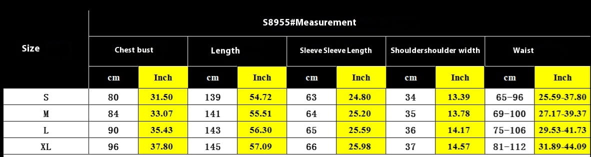 Size chart for the V neck long sleeve ruched slit maxi dress showing measurements in centimeters and inches for sizes S to XL.