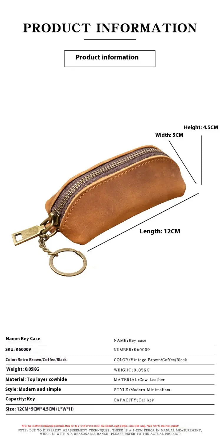 Tan vintage leather premium cowhide multi-functional key and coin pouch with a gold-toned zipper and matching metal ring.
