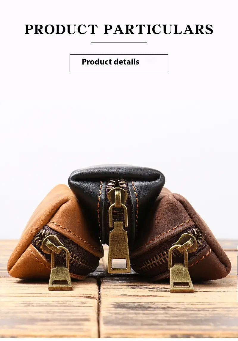 Premium cowhide leather multi-functional key and coin pouch in brown with black zipper pull and brass-toned metal hardware.