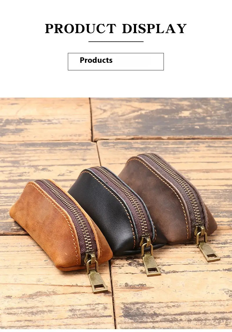 Three compact premium cowhide leather multi-functional key and coin pouches in tan black and dark brown with brass-toned zippers.