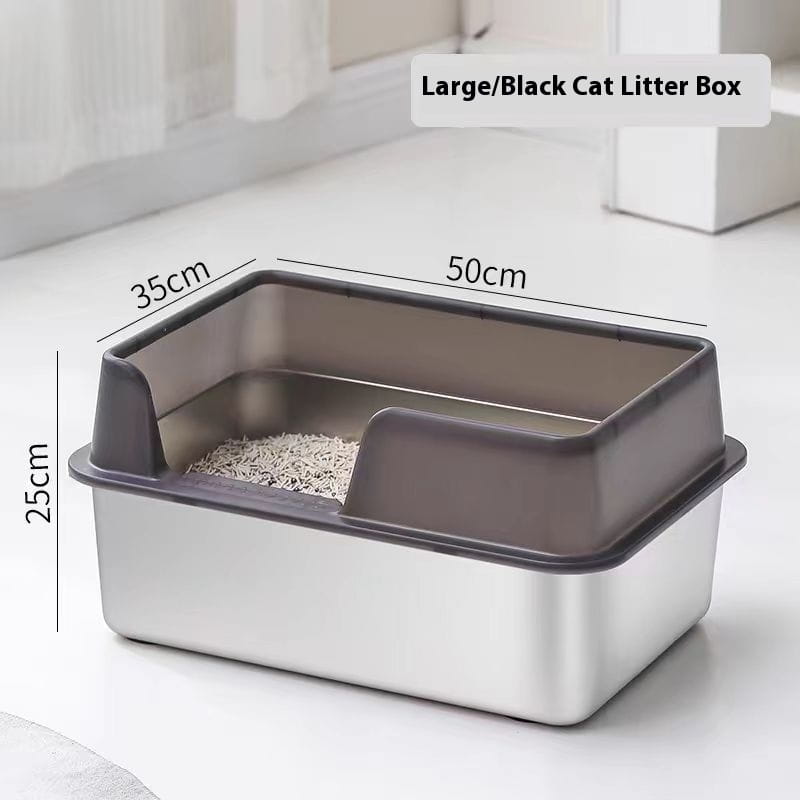 Large black stainless steel high fence cat litter box with a sleek stainless steel base and dark gray plastic lid featuring built-in entry ramps for easy access.