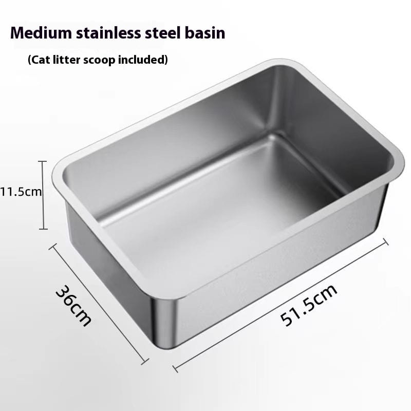 Medium stainless steel high fence cat litter box with rectangular design and smooth reflective metallic surface measuring 36cm by 51.5cm by 11.5cm.