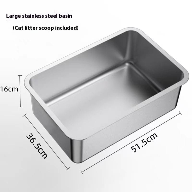 Rectangular stainless steel high fence cat litter box with rounded corners and a smooth reflective metallic finish.