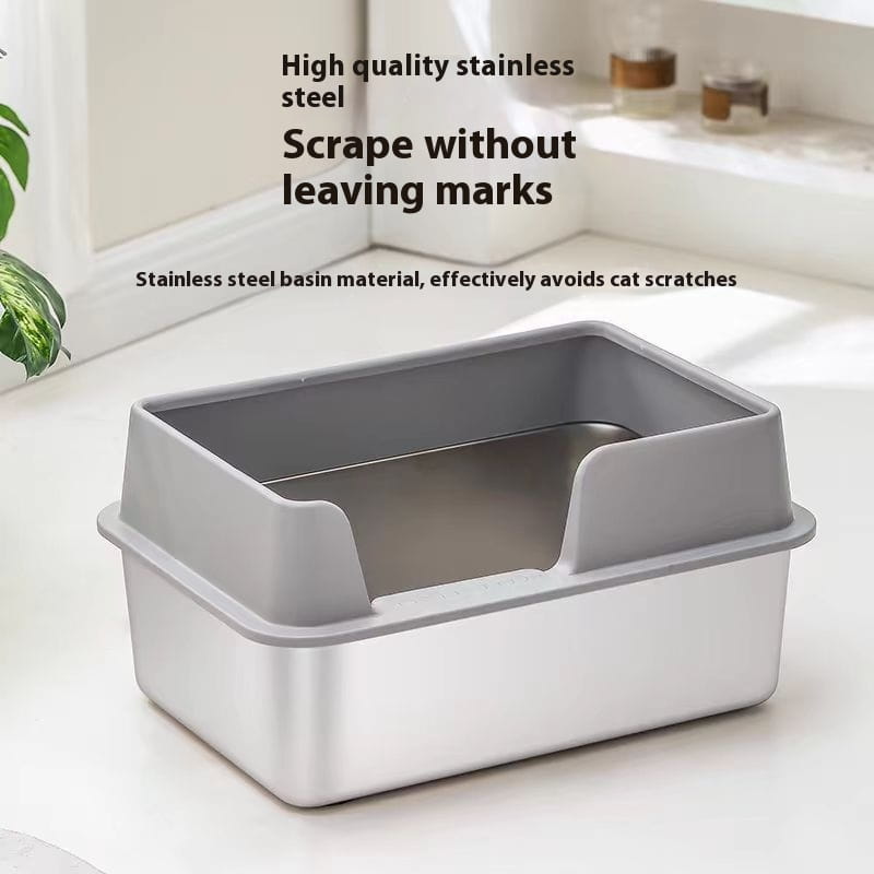 Gray and stainless steel cat litter box with a high fence and sleek modern design for efficient pet hygiene.