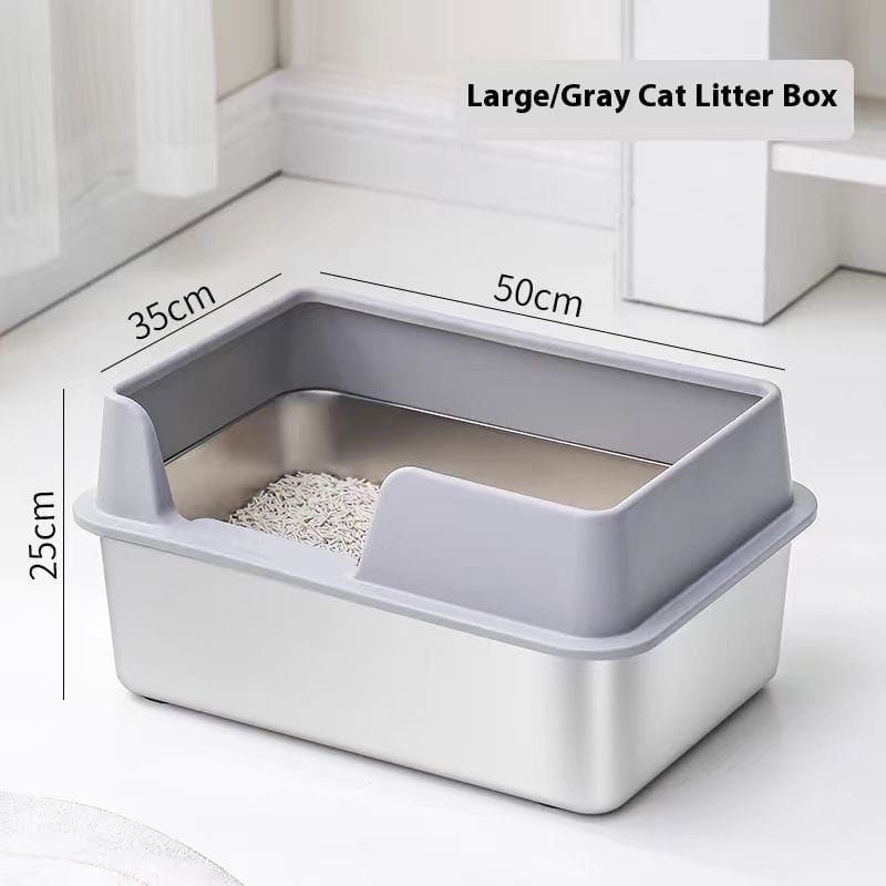 Gray plastic cat litter box with stainless steel interior and side panels featuring dimensions 50cm by 35cm by 25cm in stainless steel high fence cat litter box design.