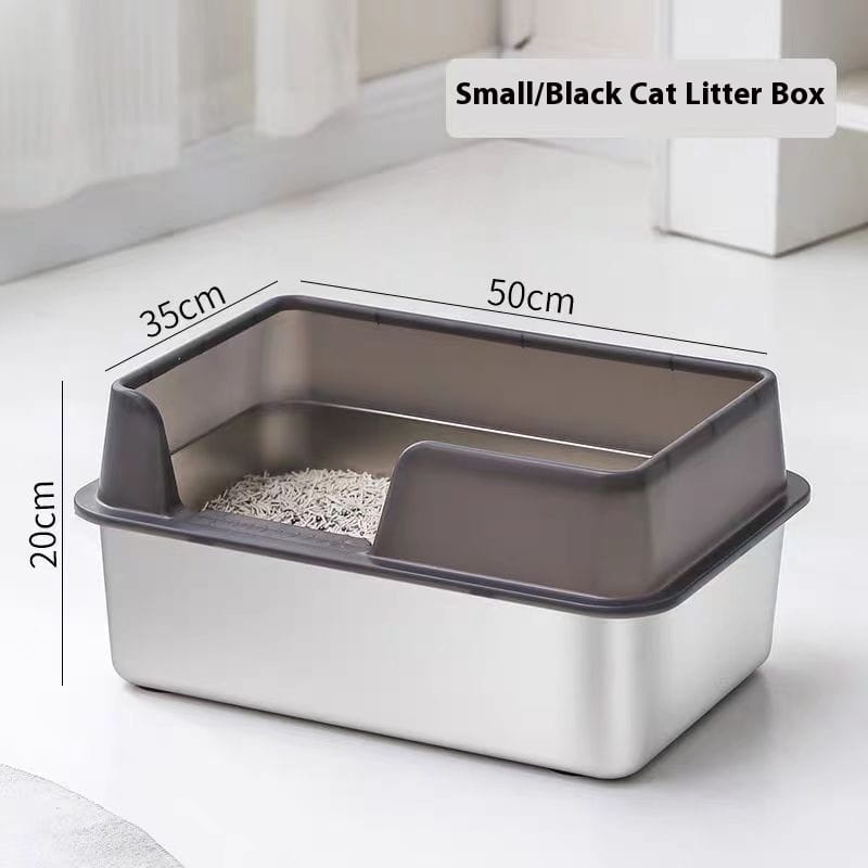Small black cat litter box with sleek stainless steel high fence base and dark gray plastic lid featuring built-in side entry ramps.