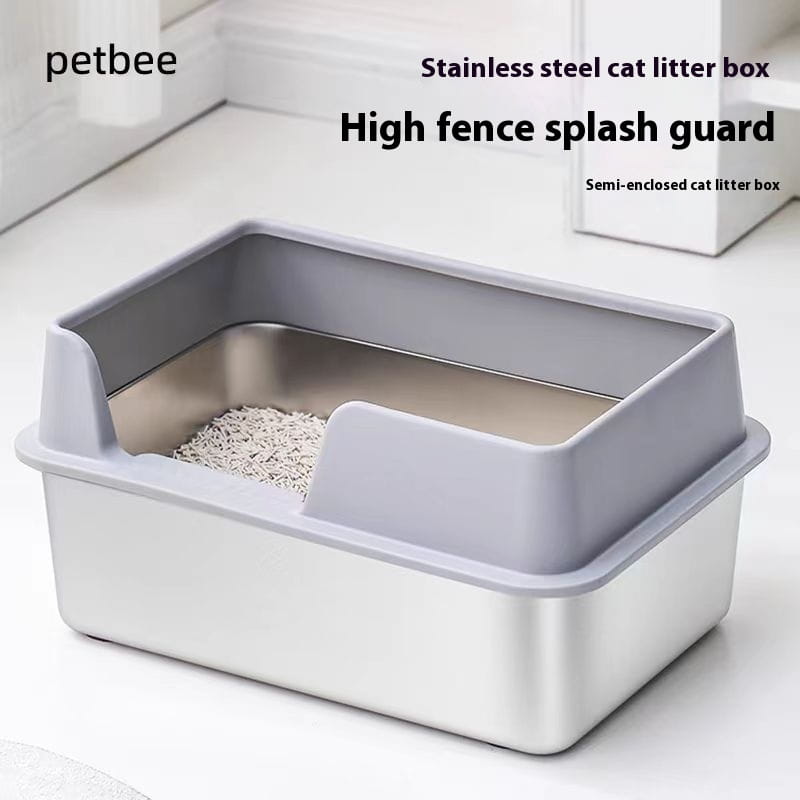 Petbee stainless steel high fence cat litter box with gray plastic splash guard and semi-enclosed design.