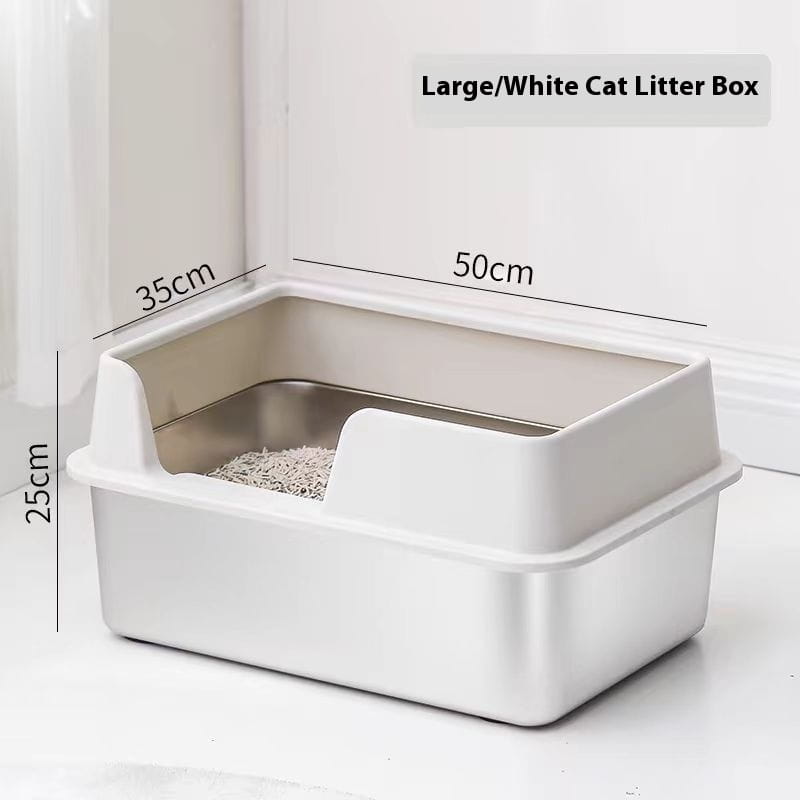 White plastic stainless steel high fence cat litter box with interior dimensions of 50cm by 35cm by 25cm.
