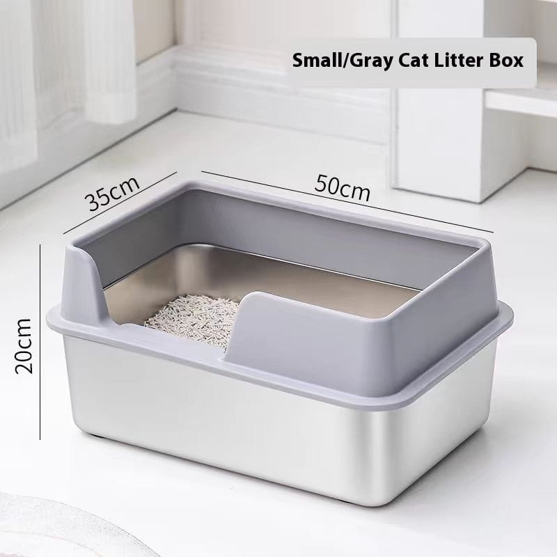 Gray plastic stainless steel high fence cat litter box with stainless steel interior and raised front edge for easy access.