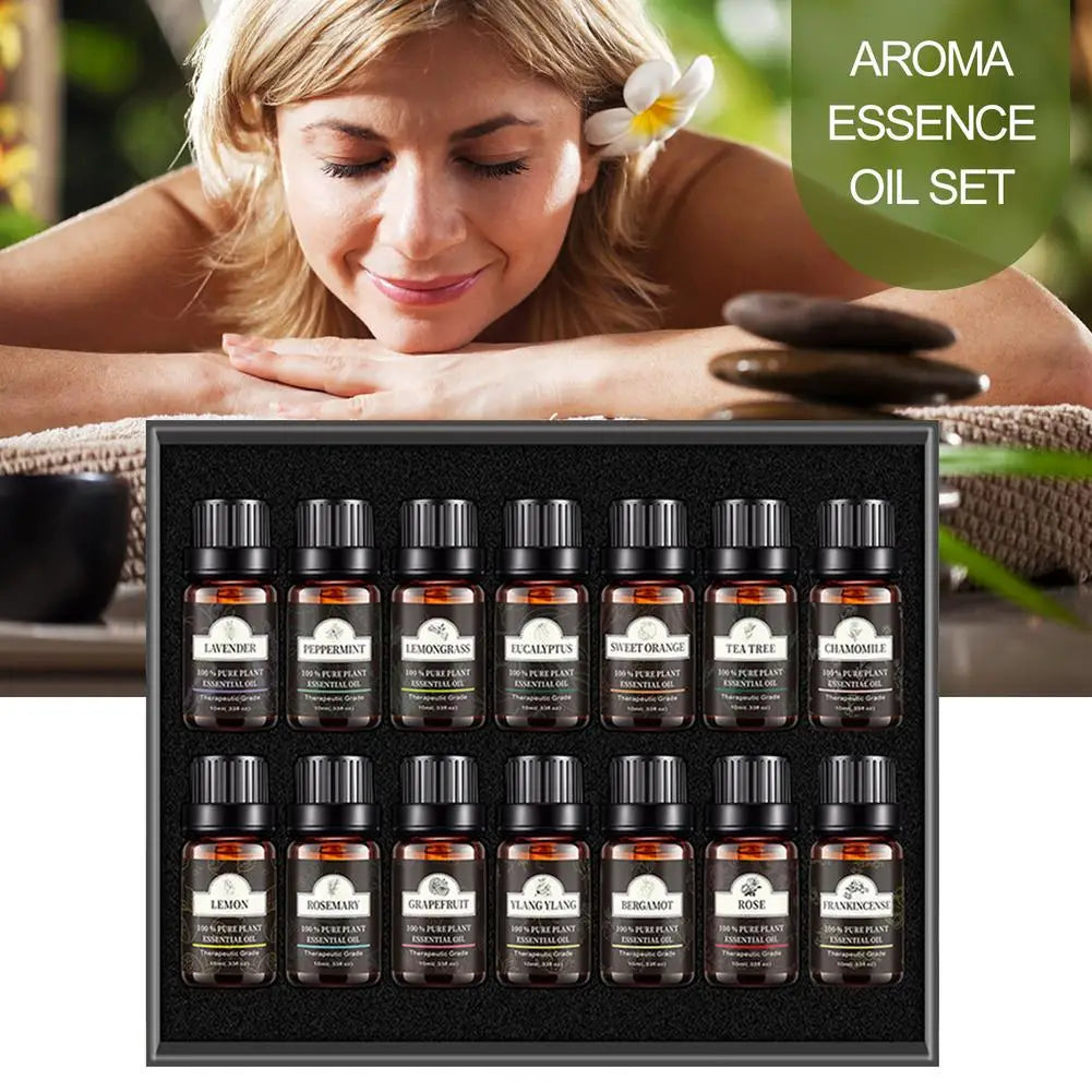 boîte rectangulaire à cadre noir contenant 16 flacons en verre ambré d’huiles essentielles, avec des bouchons noirs et des étiquettes blanches, chacun portant une indication d’un parfum différent, dans un coffret d’huiles essentielles d’aromathérapie pure à base de plantes 10 ml, lot de 6.
