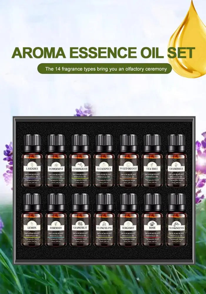 un ensemble de 14 flacons en verre ambré d’huiles essentielles avec des bouchons noirs, chacun portant une étiquette indiquant un parfum différent, provenant de la collection d’aromathérapie pure à base de plantes de 10 ml, lot de 6.