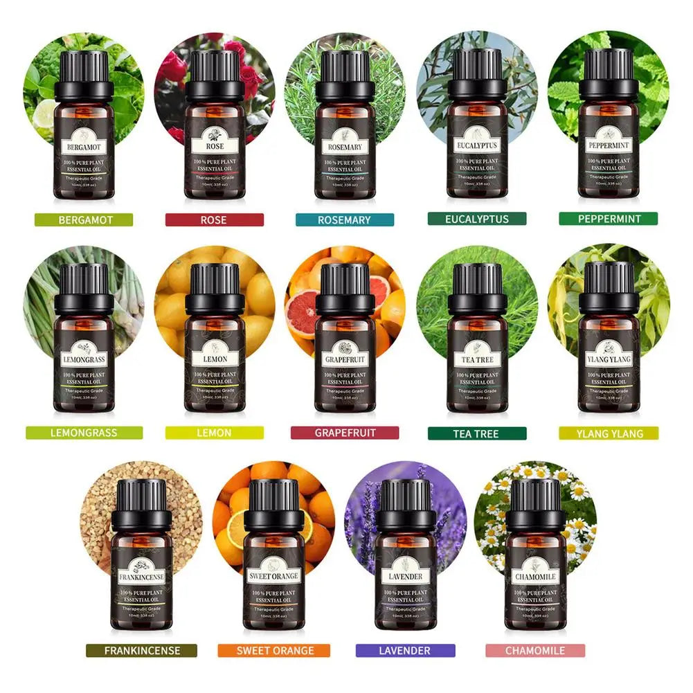 ensemble de dix flacons en verre ambré d’huiles essentielles avec des bouchons noirs, étiquetés avec différents parfums d’origine végétale et des illustrations botaniques, pour une aromathérapie pure à base de plantes, en coffret de 10 ml, lot de 6.