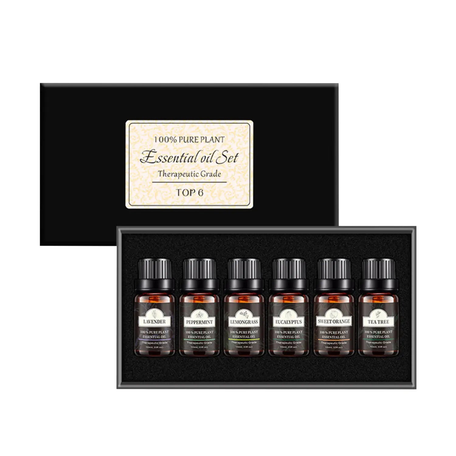 boîte rectangulaire noire contenant six flacons en verre ambré avec des bouchons noirs et des étiquettes blanches, portant des mentions de différents parfums d’huiles essentielles, dans un coffret d’huiles essentielles d’aromathérapie pure à base de plantes 10 ml, lot de 6.