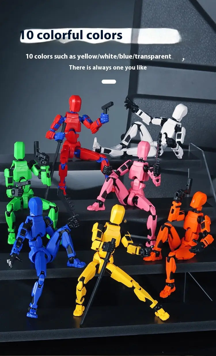 A set of ten colorful 3d printed multi jointed action figure dummy toys in red green blue pink yellow and orange.