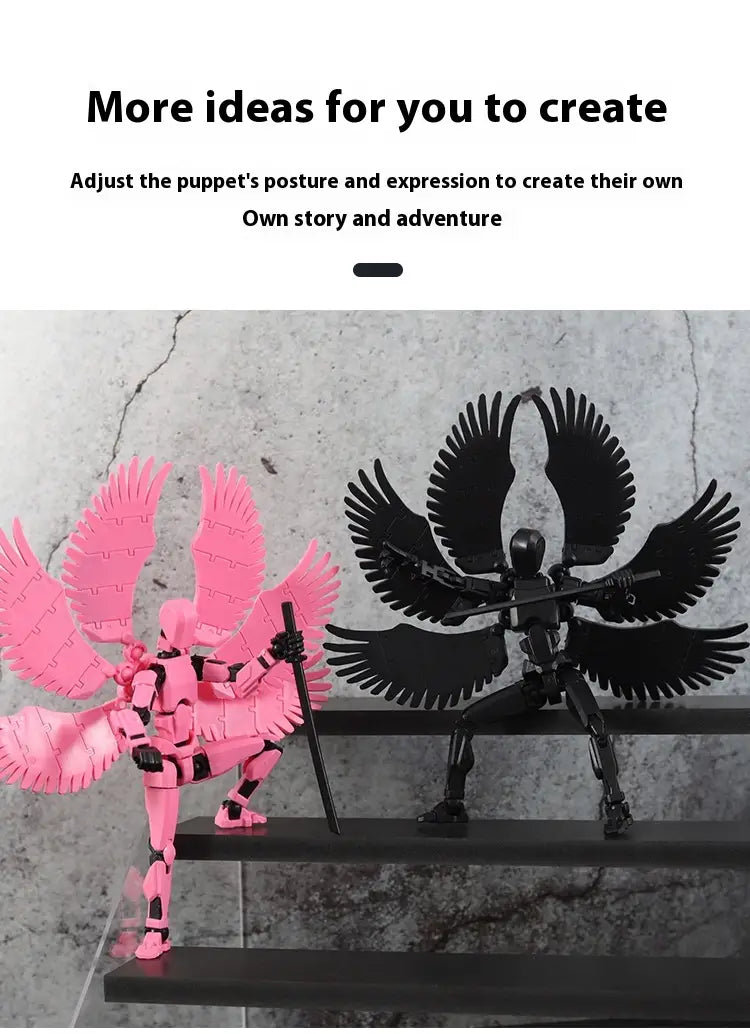 Pink and black 3d printed multi jointed angel figurines with detailed wings posed on a shelf as articulated action figure dummy toys.