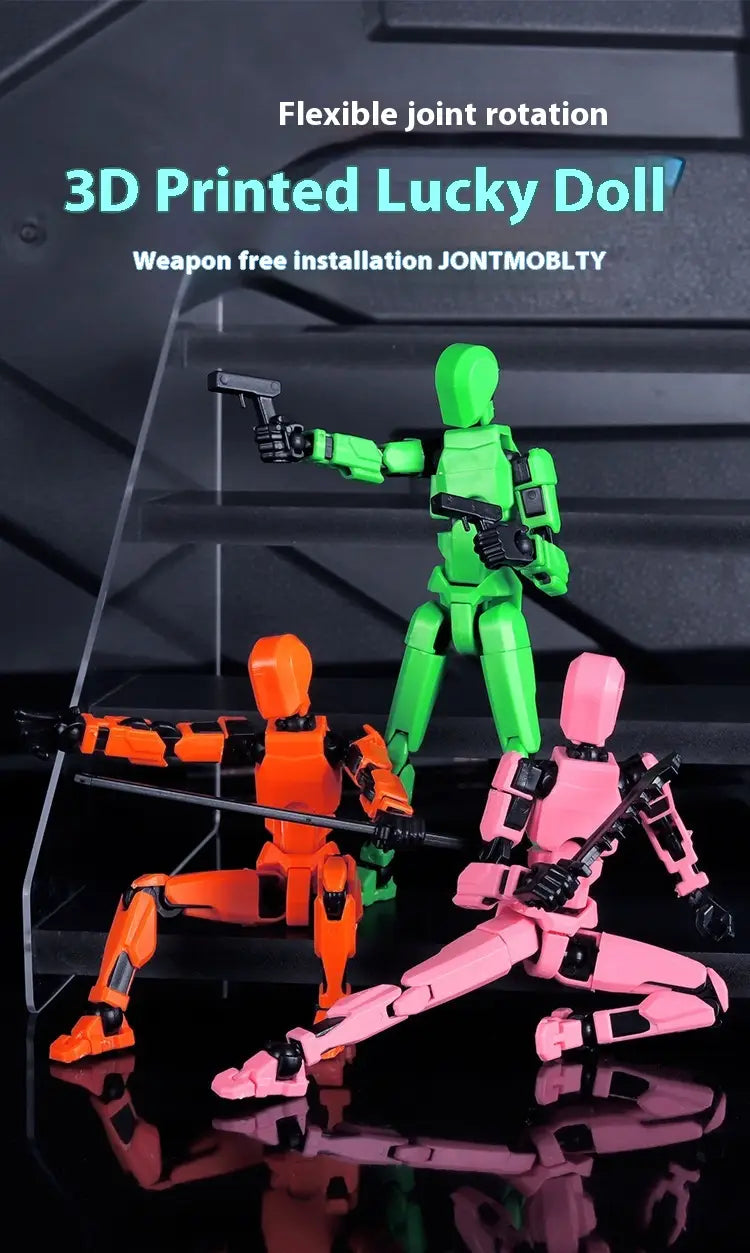 Green 3d-printed multi jointed action figure dummy toy 13 with flexible joint rotation and weapon-free installation designed by jontmobly.