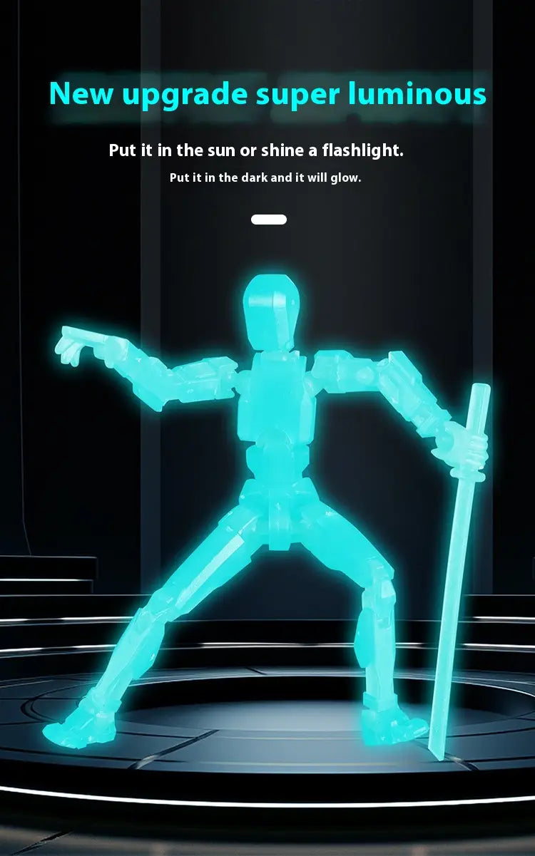 A glowing cyan translucent 3d printed multi jointed action figure dummy toy of a humanoid warrior holding a staff displayed on a circular platform.
