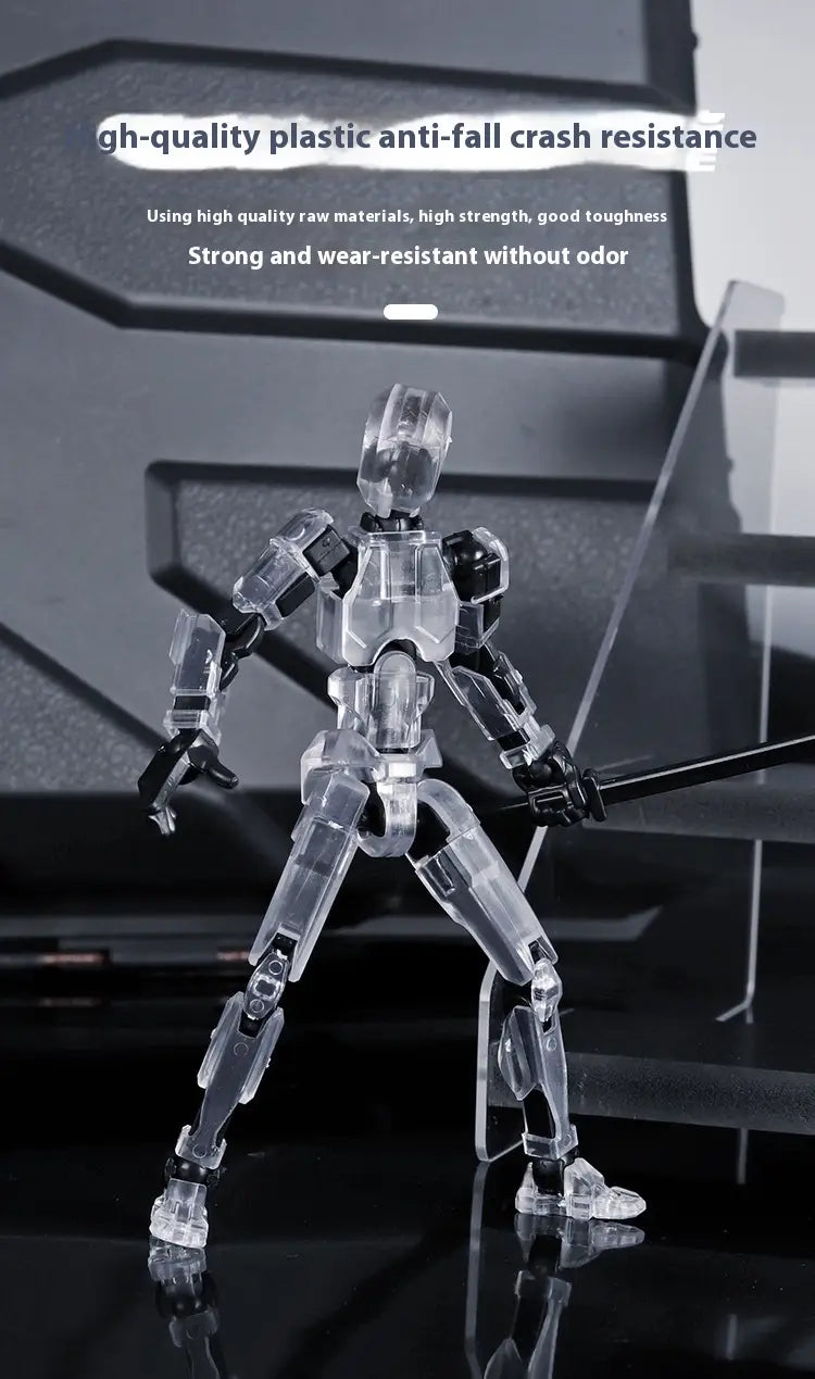 Transparent plastic 3d printed multi jointed action figure dummy toy 13 with black joints and limbs holding a long black staff.