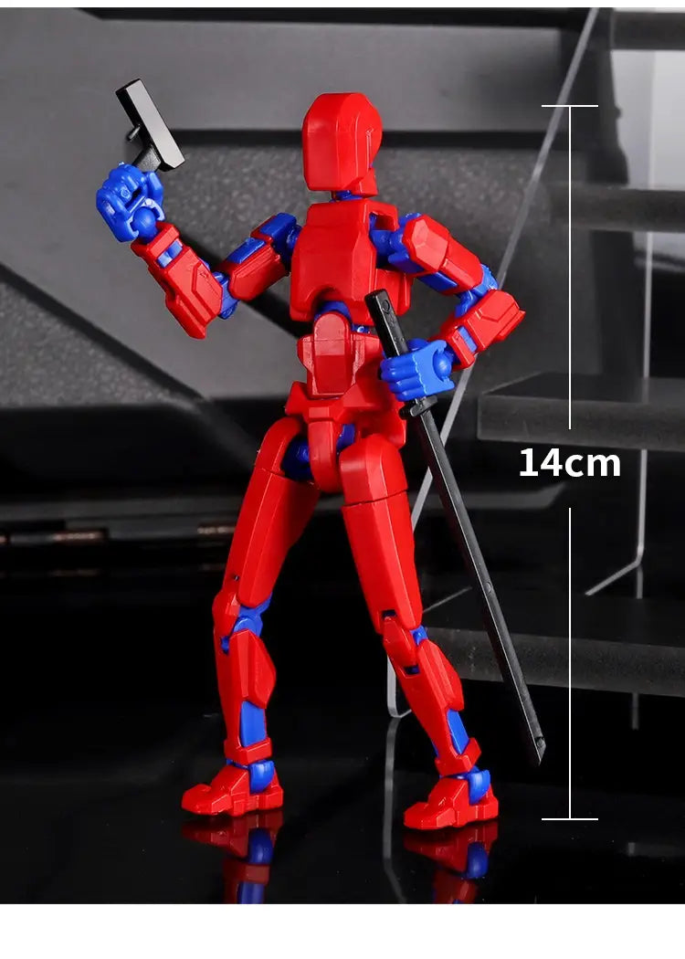 Red and blue 3d printed multi jointed action figure dummy toy 13 measuring 14cm tall holding a pistol in one hand and a sword in the other.