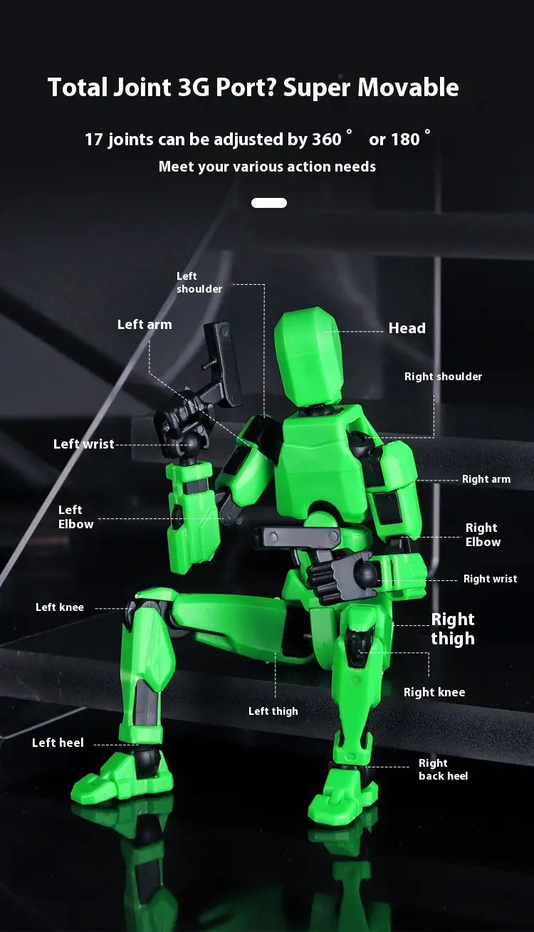 bright green 3d printed multi jointed action figure dummy toy with black joints and tactical vest design.