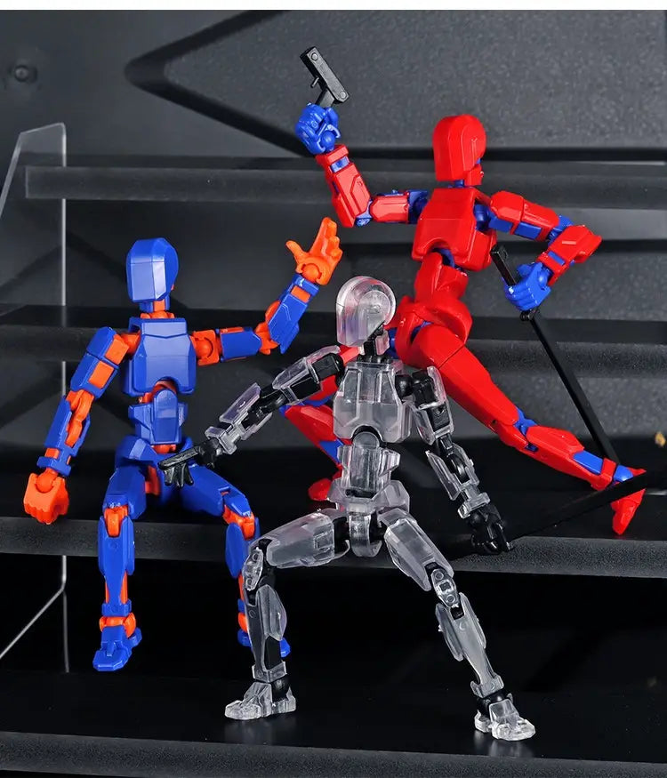 Red and blue 3d printed multi jointed action figure dummy toys with a transparent gray central figure holding a black pistol