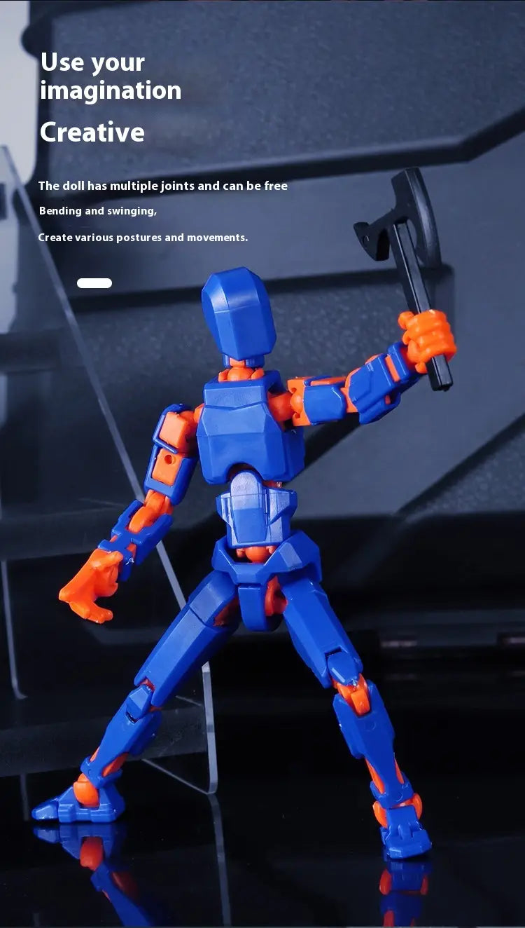 blue and orange 3d printed multi jointed action figure dummy toy 13 holding a black hammer.