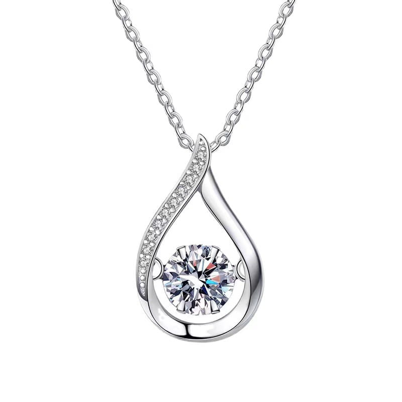 Silver teardrop pendant necklace featuring a central round-cut clear gemstone surrounded by pave-set crystals along its curved edges.