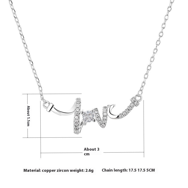 Silver elegant cursive love pendant necklace featuring a heart-shaped pendant adorned with sparkling zircon stones and an elegant chain.