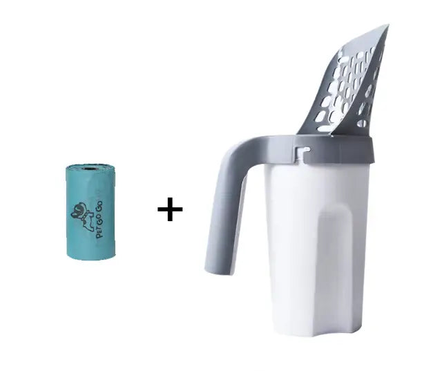 White and gray plastic cat litter scoop with integrated bag dispenser and perforated handle designed for convenient pet litter cleaning.