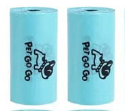 Two light blue roll-on pet waste bags featuring the pet go go logo with a cartoon dog illustration, shown with a cat litter scoop with integrated bag dispenser.