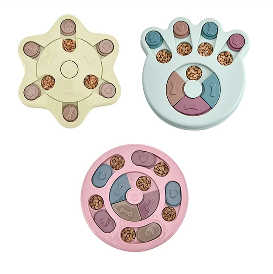 Colorful plastic dog puzzle toy interactive slow feeder training game featuring paw-shaped and circular treat dispensers with multiple kibble compartments.