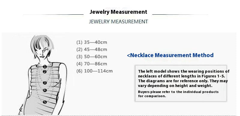 Un schéma illustré noir et blanc montrant une femme portant des longueurs de collier à titre de référence pour la mesure des bijoux, à côté de boucles d’oreilles pendantes en argent avec zircon carré et diamant noir.