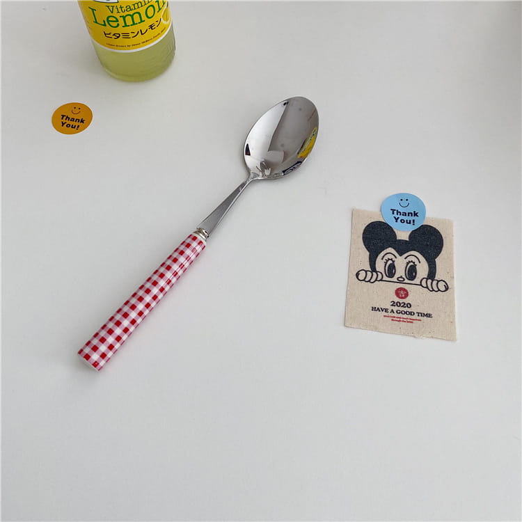 A shiny stainless steel spoon with a red and white checkered handle from the checkered stainless steel cutlery tableware set.