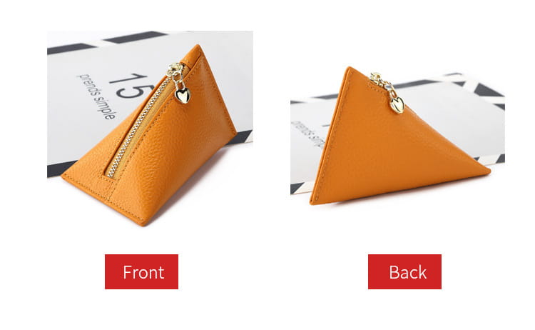 Orange triangular genuine leather mini coin purse with gold zipper and heart-shaped pull tab featuring a heart charm.