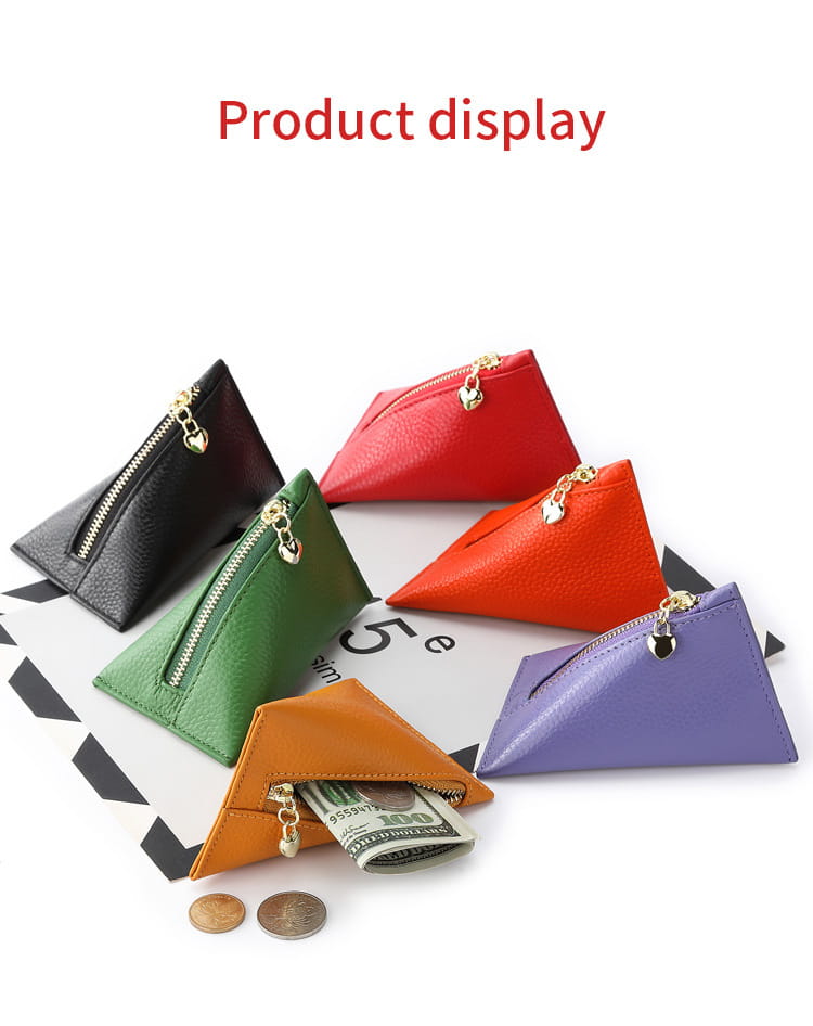 Genuine leather heart charm mini coin purse in vibrant colors featuring a triangular shape with a gold-toned zipper and heart-shaped pull.