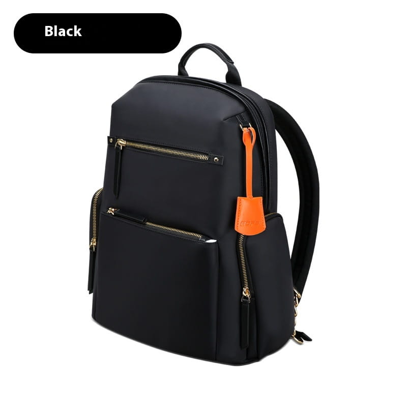 Black nylon women’s business backpack with gold zippers and an orange leather tag.