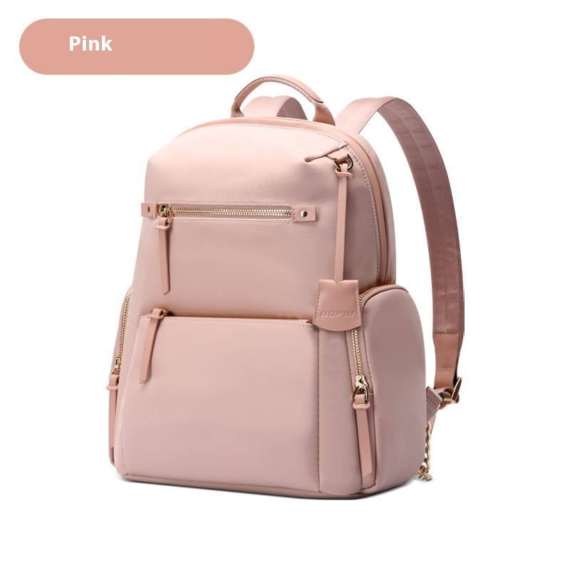 A soft pink sleek nylon women’s business backpack with gold-tone zippers and matching straps.
